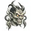 demon mask with horns and goblin features, with smoke comming out of the ears tattoo design idea