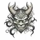 demon mask with horns and goblin features, with smoke comming out of the ears tattoo design idea