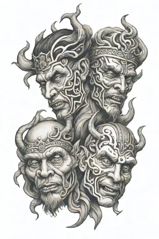 greak gods haw face,and haw face wyth  realistic heart tattoo design idea