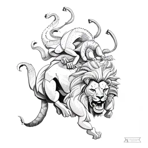 cartoon scorpion and lion holding hands tattoo design idea