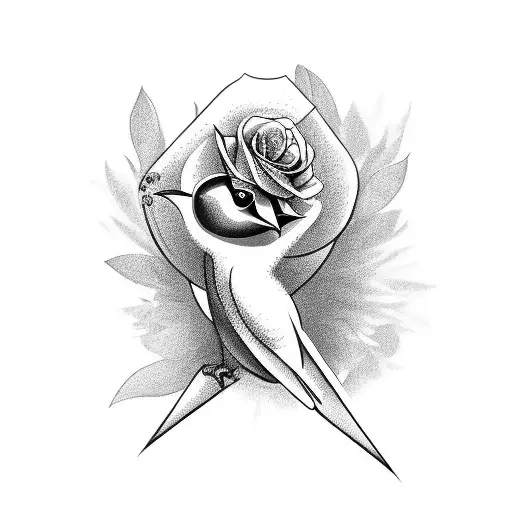A black and grey tattoo of a chicano style bird holding a rose in its beak tattoo design idea
