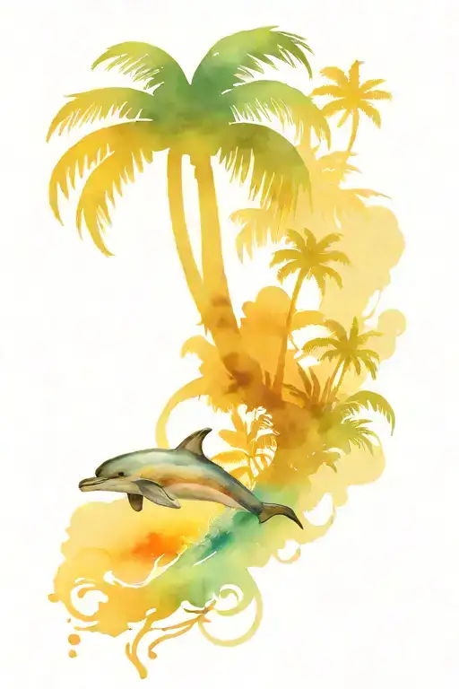 dolphin, palm tree, sunset, water tattoo design idea