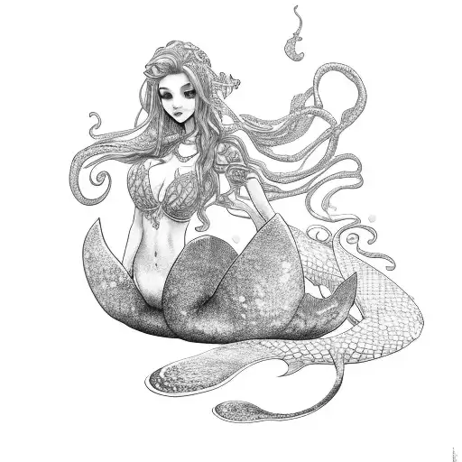 mermaid sitting on a rock with a flowing tail, many trinkets in her long curly hair that barely covers her chest tattoo design idea