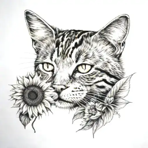 half dog and half cat face with sunflower behind tattoo design idea