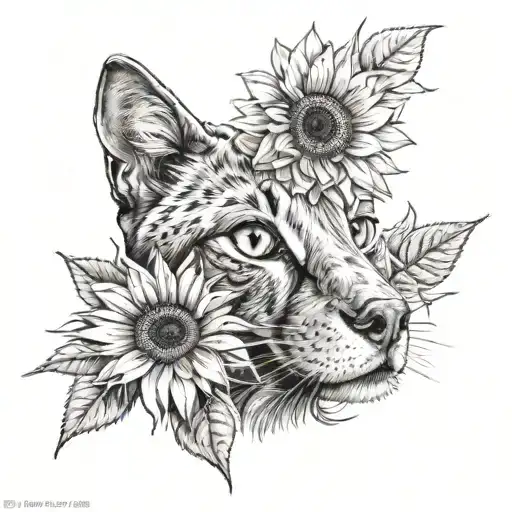 half dog and half cat face with sunflower behind it tattoo design idea