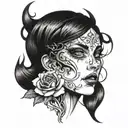 Create a black-and-white tattoo design featuring a creepy, unsettling figure of a woman with hollow, dark eyes. The woma tattoo design idea