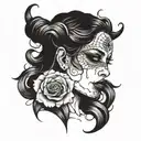 Create a black-and-white tattoo design featuring a creepy, unsettling figure of a woman with hollow, dark eyes. The woma tattoo design idea