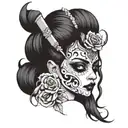 Create a black-and-white tattoo design featuring a creepy, unsettling figure of a woman with hollow, dark eyes. The woma tattoo design idea