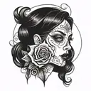Create a black-and-white tattoo design featuring a creepy, unsettling figure of a woman with hollow, dark eyes. The woma tattoo design idea