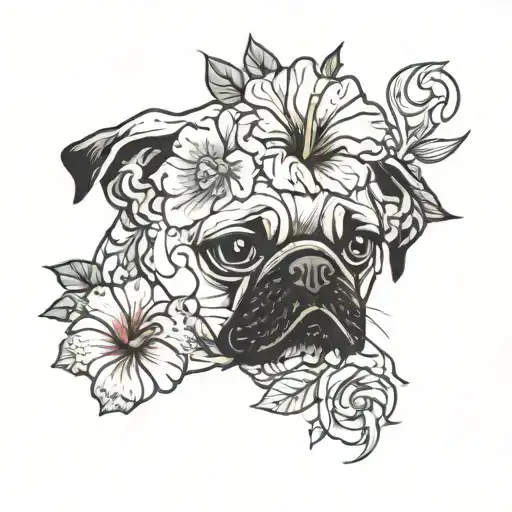 pug, skulls, hibiscus, crystal ball tattoo design idea