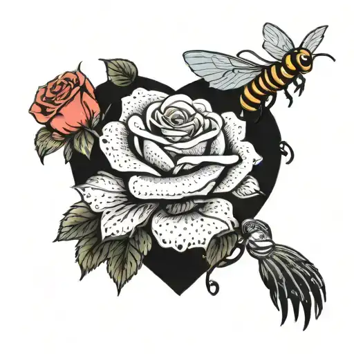 Trex holding a rose and a bee flying tattoo design idea