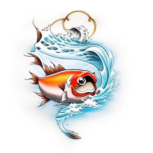Design a visually captivating tattoo featuring a Magikarp swimming upstream against a powerful waterfall. As Magikarp pe tattoo design idea
