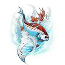Design a visually captivating tattoo featuring a Magikarp swimming upstream against a powerful waterfall. As Magikarp pe tattoo design idea