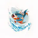 Design a visually captivating tattoo featuring a Magikarp swimming upstream against a powerful waterfall. As Magikarp pe tattoo design idea