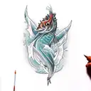 Design a visually captivating tattoo featuring a Magikarp swimming upstream against a powerful waterfall. As Magikarp pe tattoo design idea