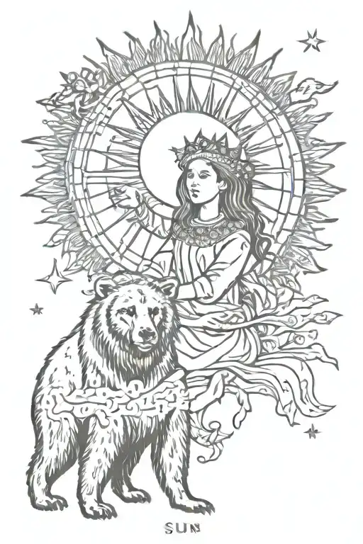 sun tarot card with anastasia kid with spirit of bear  tattoo design idea