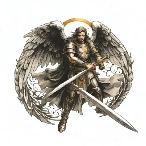 An angelic warrior holding a sword, with wings outstretched and a halo above, inspired by biblical imagery tattoo design idea