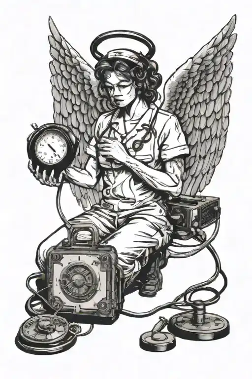 A Fallen Angel nurse with tattered wings battling death with vintage medical equipment. Cardiac monitor, stethoscope,  tattoo design idea