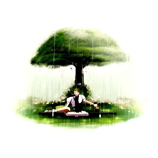 zoro under blossom trees in the rain tattoo design idea