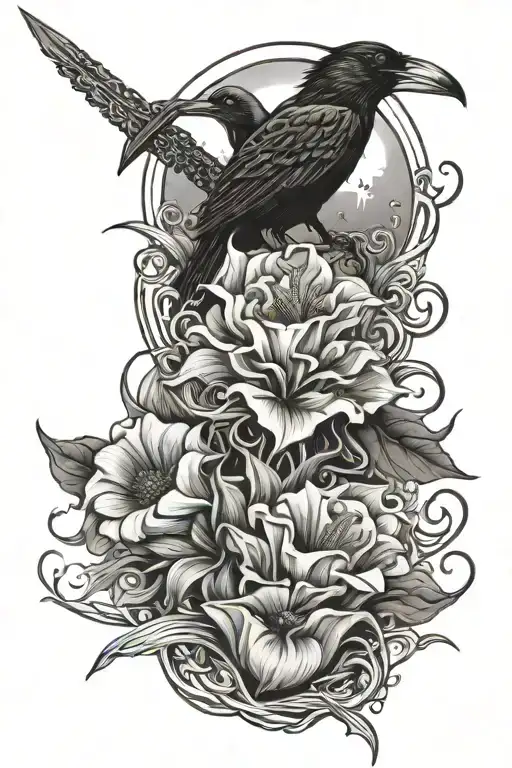 moonflowers, sword, waves and crows tattoo design idea