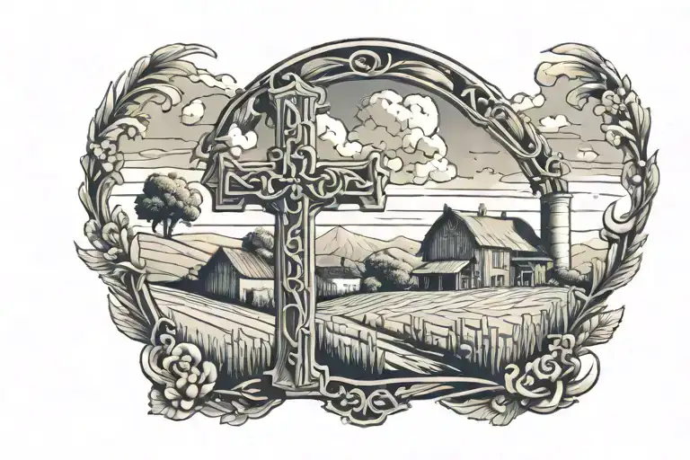 cross with farm  behind  tattoo design idea