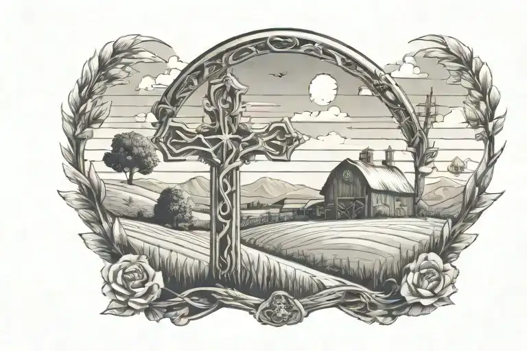 cross with farm  behind  tattoo design idea