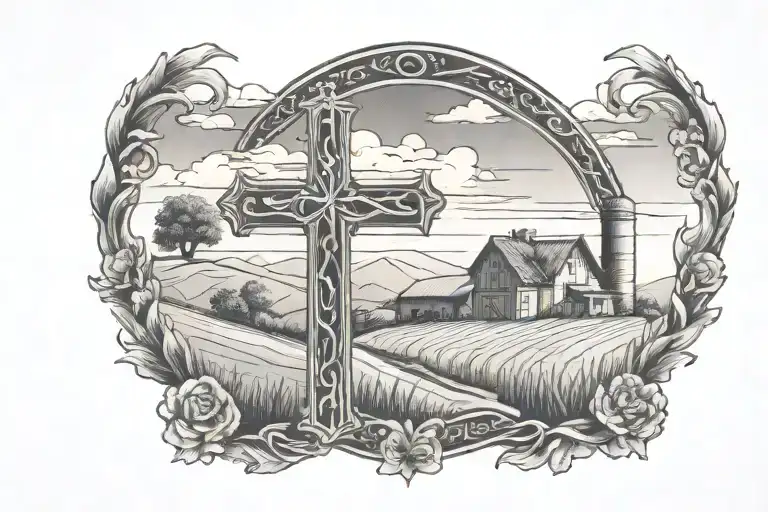 cross with farm  behind  tattoo design idea
