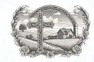 cross with farm  behind  tattoo design idea