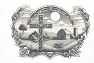cross with farm  behind  tattoo design idea