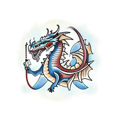 A traditional style dragon swallowing a fishing hook with the safety officer's initials engraved on it tattoo design idea