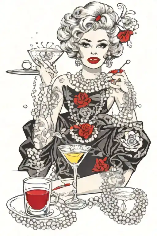 pearls, diamonds, martini, chanel no 5, red lipstick, red nails, classy, zsa zsa gabor  tattoo design idea