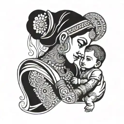 A traditional Punjabi mother and child design, with intricate patterns and details to represent the rich cultural heritage tattoo design idea