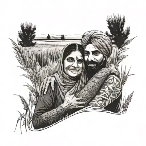 A detailed portrait of a Punjabi mother and son standing in a wheat field, showcasing their bond tattoo design idea
