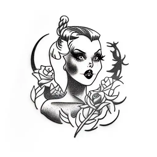 A dark and mysterious pin-up girl with a moonlit forest background tattoo design idea