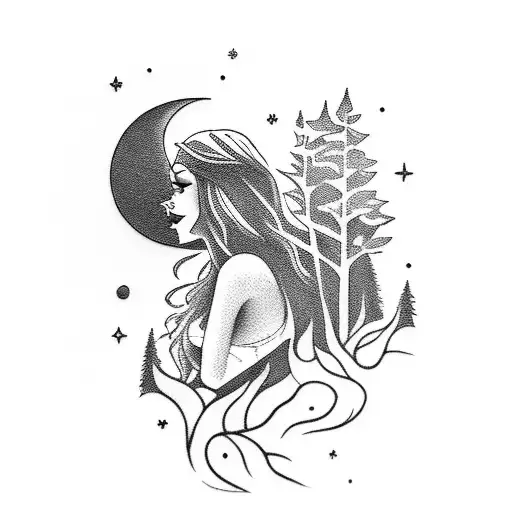 A dark and mysterious pin-up girl with a moonlit forest background tattoo design idea
