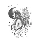 A dark and mysterious pin-up girl with a moonlit forest background tattoo design idea