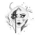 A dark and mysterious pin-up girl with a moonlit forest background tattoo design idea