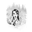 A dark and mysterious pin-up girl with a moonlit forest background tattoo design idea