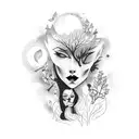 A dark and mysterious pin-up girl with a moonlit forest background tattoo design idea