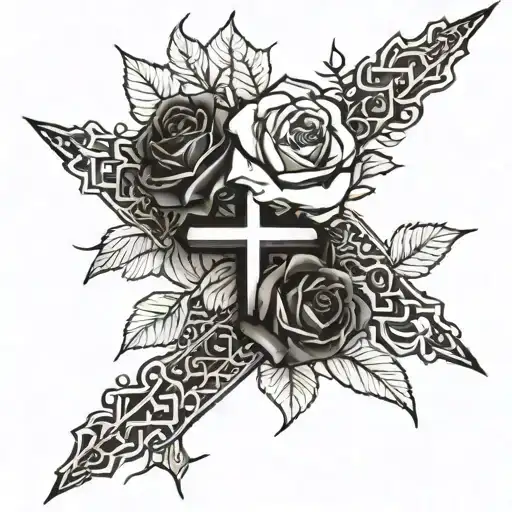 A thin black and white cross with roses and thorns wrapped tattoo design idea