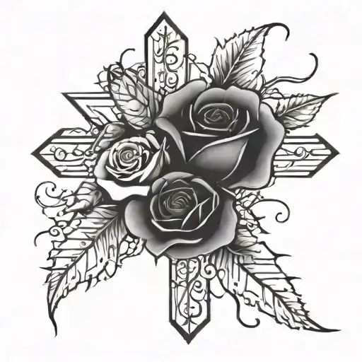 A cross with a single rose and thorns wrapped tattoo design idea