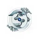 yin yang with oak tree in white side and whale in bck side tattoo design idea