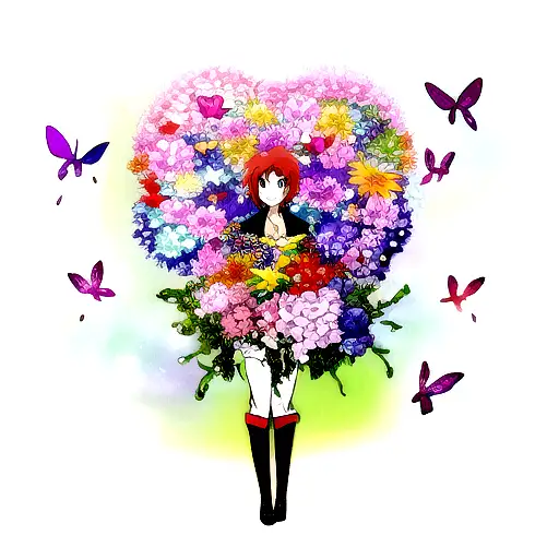 A beautiful butterfly surrounded by vibrant flowers from different anime series tattoo design idea