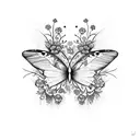 A beautiful butterfly surrounded by vibrant flowers from different anime series tattoo design idea