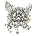 paw print with wings around it and the word "mambo" written in cursive on the right of the paw pad  tattoo design idea