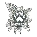 paw print with wings around it and the word "mambo" written in cursive on the right of the paw pad  tattoo design idea