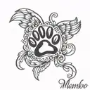 paw print with wings around it and the word "mambo" written in cursive on the right of the paw pad  tattoo design idea