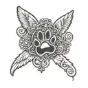 paw print with wings around it and the word "mambo" written in cursive on the right of the paw pad  tattoo design idea