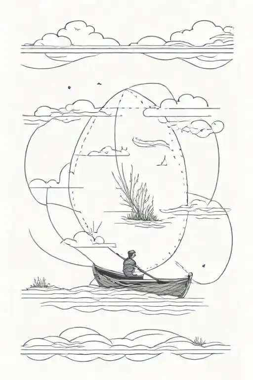 minimalist rowboat floating down a river with little areas of water pooling along each shore periodically.  tattoo design idea