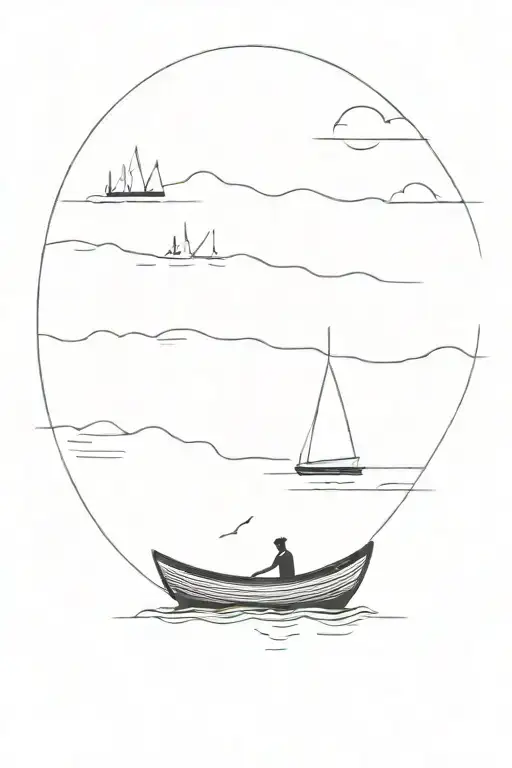 very simple design of a small rowboat floating down a skinny river with little areas of water pooling on each shore tattoo design idea